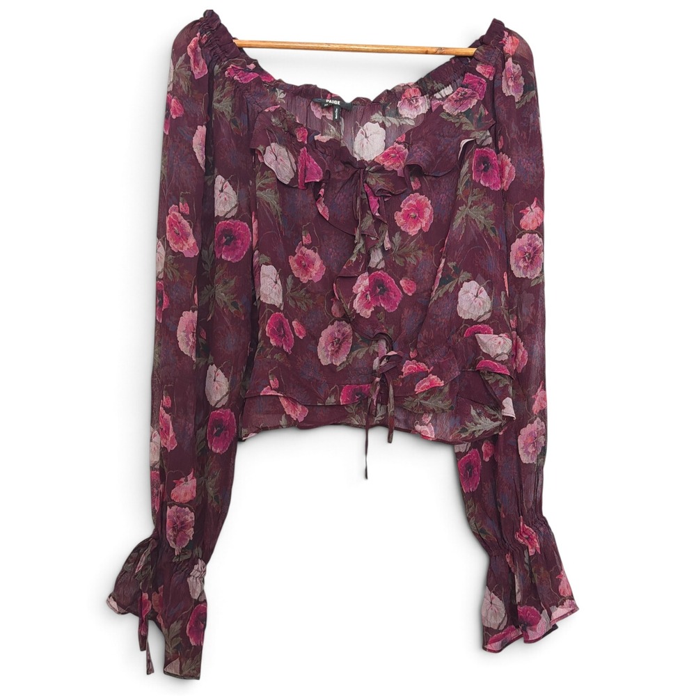 Paige 100% silk Burgundy Floral Ruffle Tie Neck Chiffon Cropped Blouse Medium